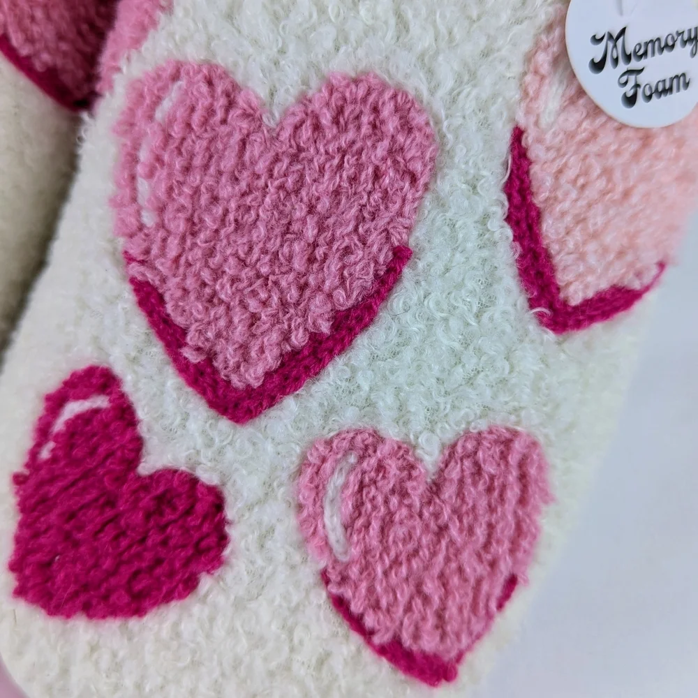 Hearts Slippers Sherpa Upper Fleece Memory Foam Slip On Ivory Pink L (8/9) NWT - Picture 3 of 13